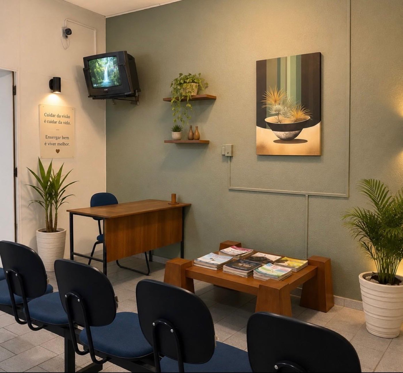 Sala de espera do consultório com plantas, cadeiras e iluminação acolhedora